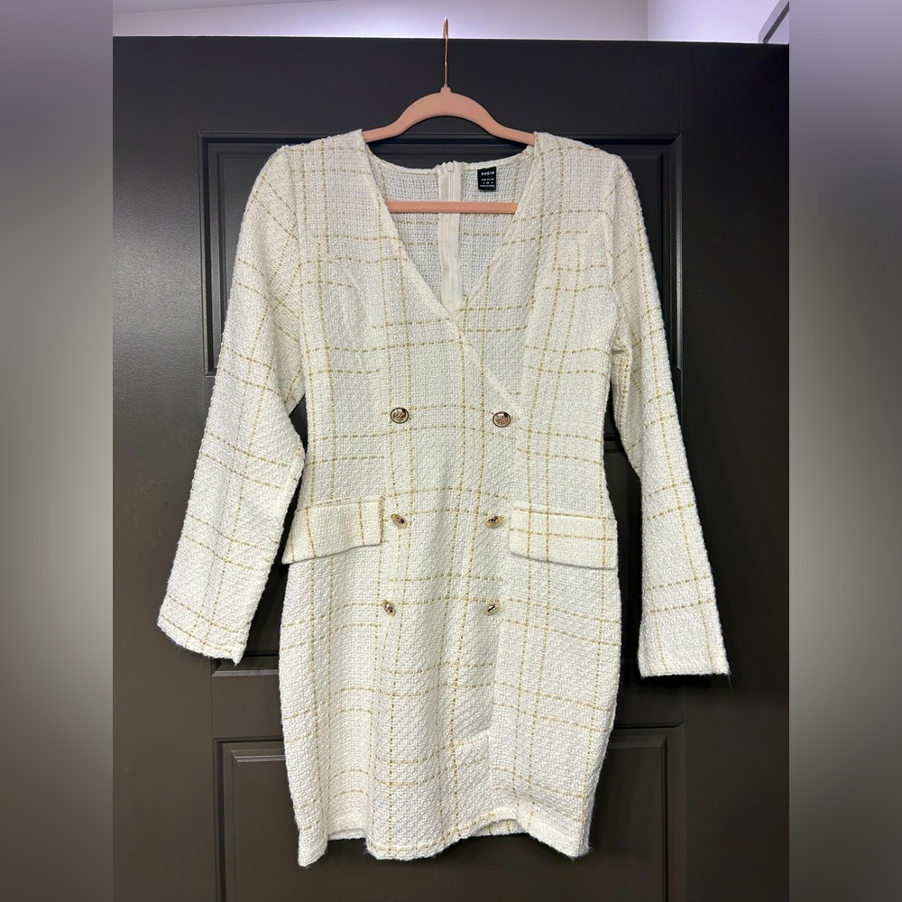 Shein White Plaid & Gold Button Detail Tweed Dress